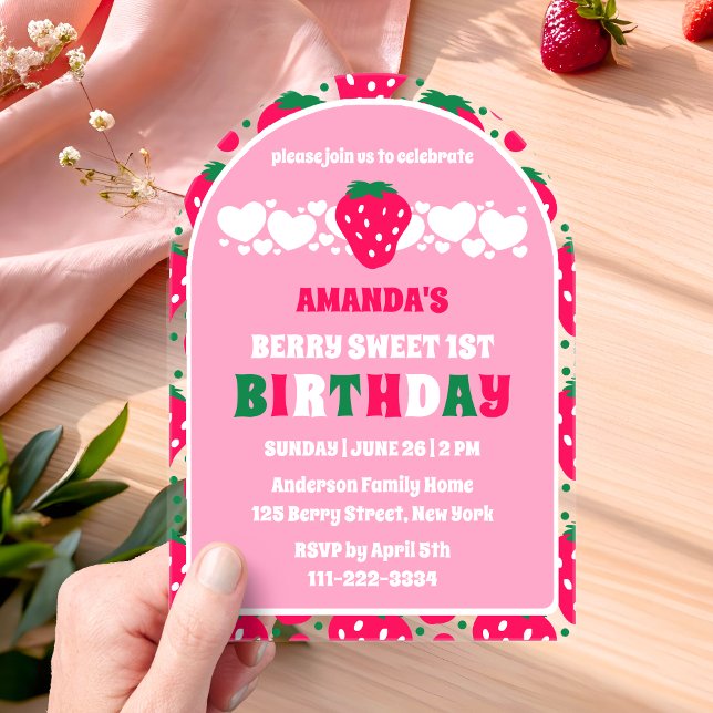 Invitations En Acrylique Strawberry First Birthday Celebration Arch (Créateur téléchargé)