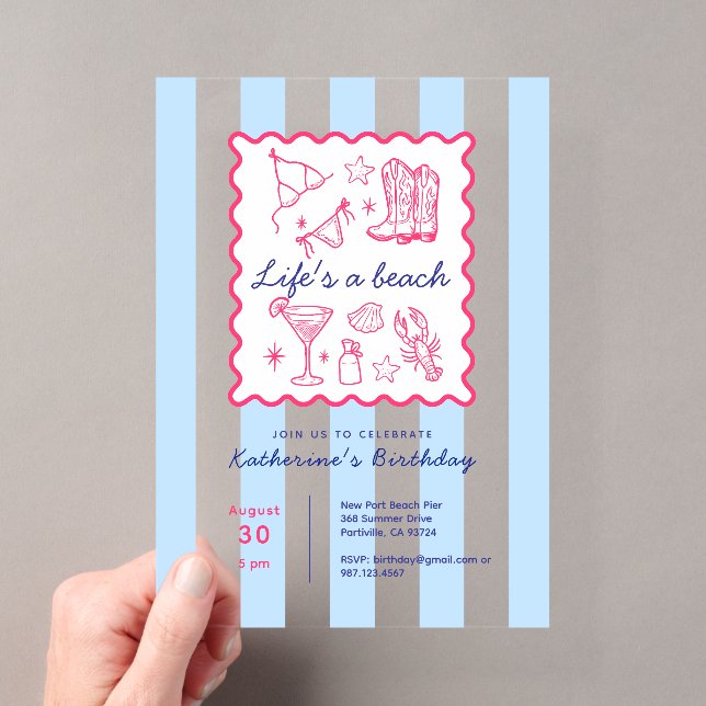 Invitations En Acrylique Summer Life's a Beach Blue Stripes fête d'annivers (In situ (ordinateur de poche))