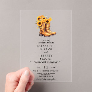 Invitations En Acrylique Sunflowers Cowboy Boots Barre Bois Mariage de l'Ou