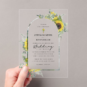 Invitations En Acrylique Sunflowers & Eucalyptus Cross Mariage