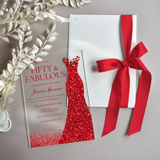 Invitations En Acrylique Superbe robe rouge 50e fête d'anniversaire (Créateur téléchargé)