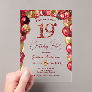 Invitations En Acrylique Surprise Fête d'anniversaire 19 ans Paillettes Or