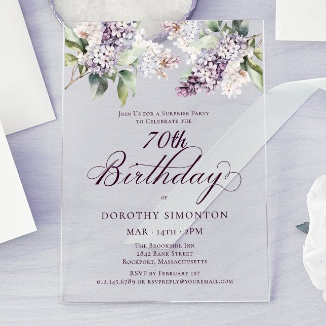Invitations En Acrylique SURPRISE PARTY 70e anniversaire Purple Lilac Flora (Créateur téléchargé)
