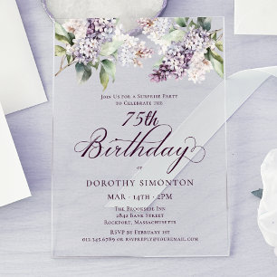 Invitations En Acrylique SURPRISE PARTY 75e anniversaire Purple Lilac Flora
