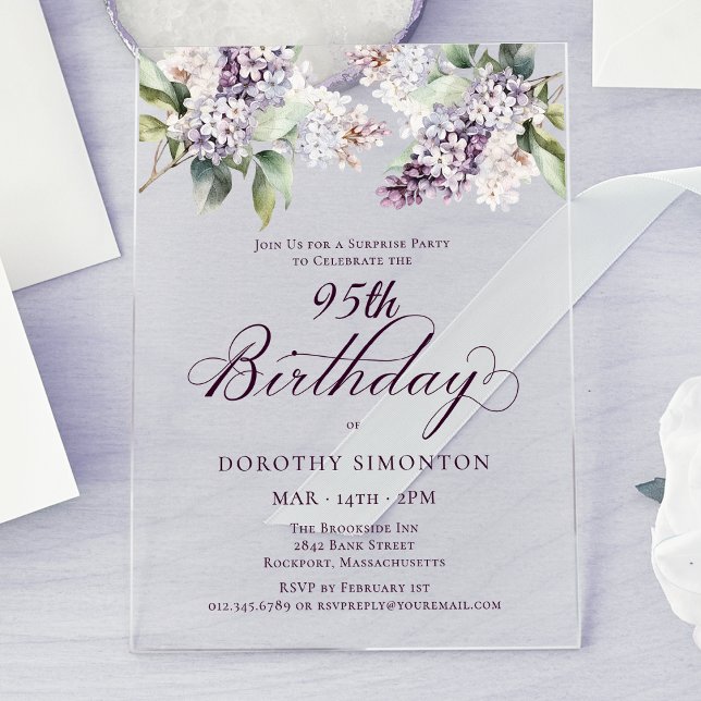 Invitations En Acrylique SURPRISE PARTY 95e anniversaire Purple Lilac Flora (Créateur téléchargé)