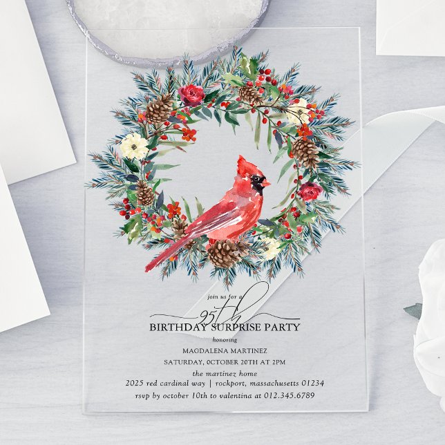 Invitations En Acrylique SURPRISE PARTY 95th Birthday Cardinal Wreath (Créateur téléchargé)