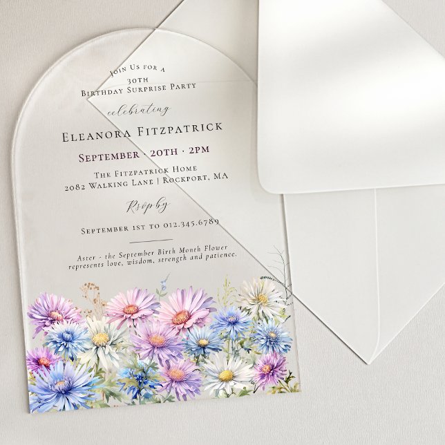 Invitations En Acrylique SURPRISE PARTY ARCH 30 September Birth Flower (Créateur téléchargé)