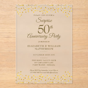 Invitations En Acrylique Surprise Party Golden 50e anniversaire de Mariage