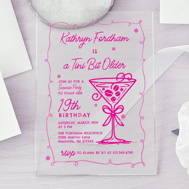 Invitations En Acrylique SURPRISE PARTY Pink Doodle Martini 19e anniversair (Créateur téléchargé)