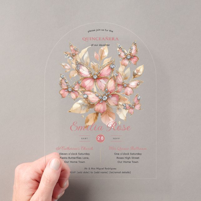 Invitations En Acrylique Sweet15 Papillons QUINCEANERA Blush Pink Diamond (In situ (ordinateur de poche))