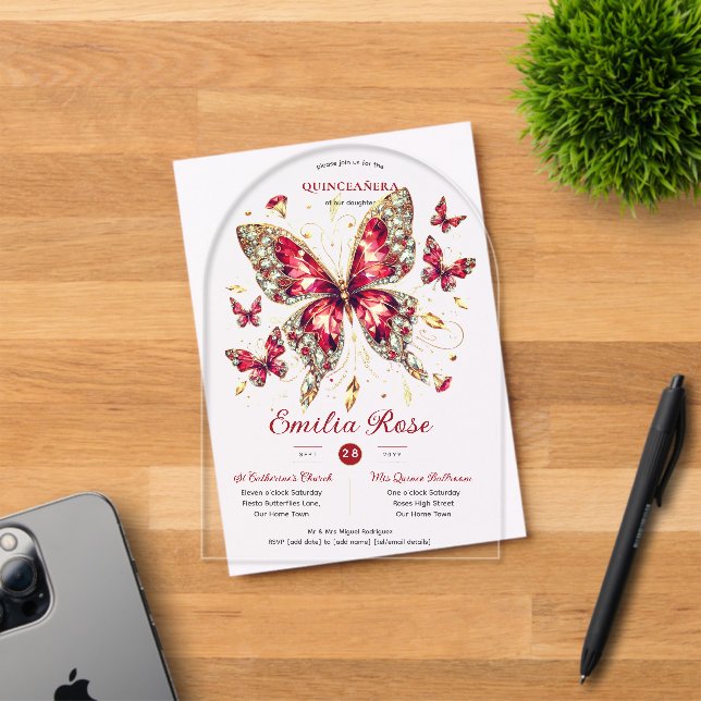 Invitations En Acrylique Sweet15 Papillons QUINCEANERA Carte Rouge Diamant (Insitu (Carte d'invitation))
