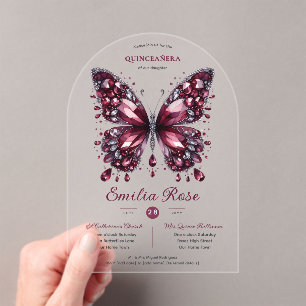 Invitations En Acrylique Sweet15 Papillons QUINCEANERA Diamant Bourgogne