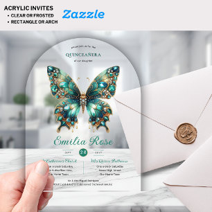 Invitations En Acrylique Sweet15 Papillons QUINCEANERA Diamant Or Turquoise