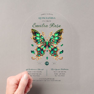 Invitations En Acrylique Sweet15 Papillons QUINCEANERA Emerald Green Gold