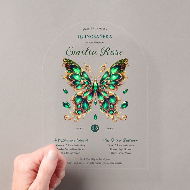 Invitations En Acrylique Sweet15 Papillons QUINCEANERA Emerald Green Gold (In situ (ordinateur de poche))