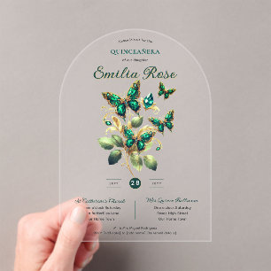 Invitations En Acrylique Sweet15 Papillons QUINCEANERA Emerald Green Gold