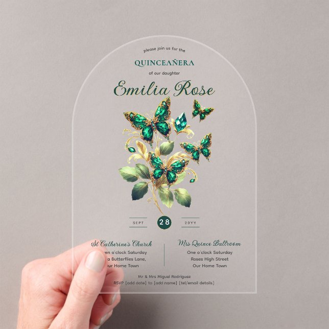 Invitations En Acrylique Sweet15 Papillons QUINCEANERA Emerald Green Gold (In situ (ordinateur de poche))