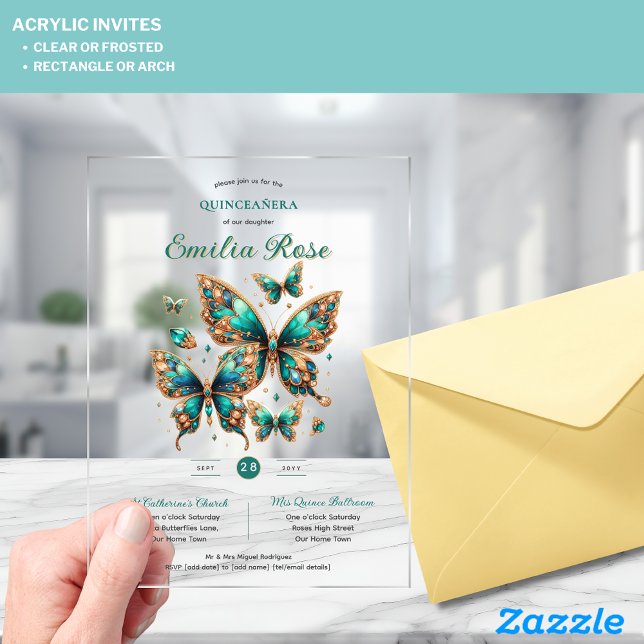 Invitations En Acrylique Sweet15 Papillons QUINCEANERA Emerald Green Gold (Créateur téléchargé)