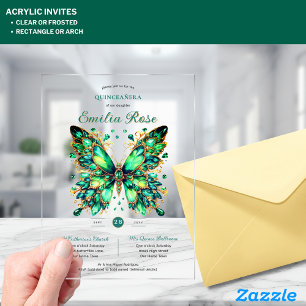 Invitations En Acrylique Sweet15 Papillons QUINCEANERA Emerald Green Gold