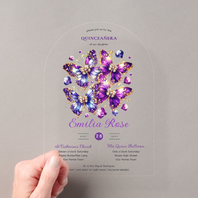 Invitations En Acrylique Sweet15 Papillons QUINCEANERA Purple Blue Gold (In situ (ordinateur de poche))