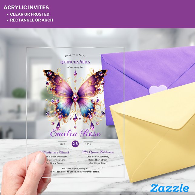 Invitations En Acrylique Sweet15 Papillons QUINCEANERA Purple Blue Gold (Créateur téléchargé)