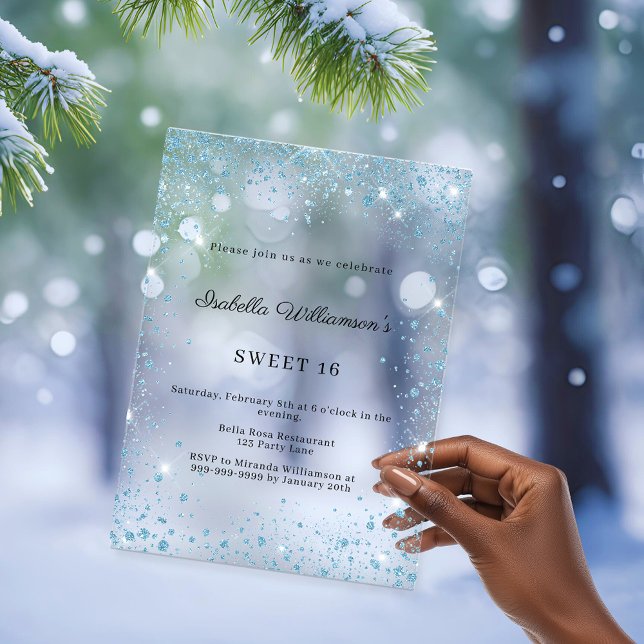 Invitations En Acrylique Sweet 16 blue glitter winter party frosted (Créateur téléchargé)