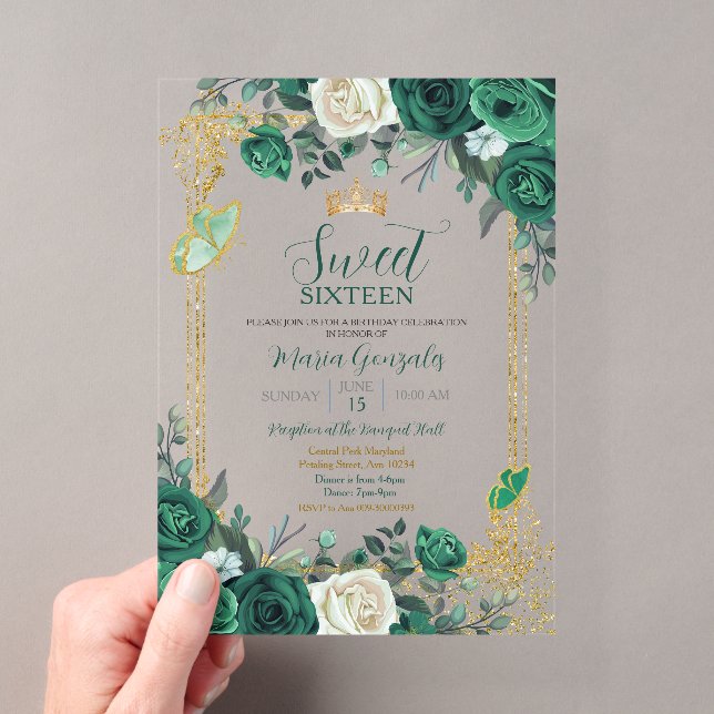 Invitations En Acrylique Sweet sixteen Emerald Green & Gold (In situ (ordinateur de poche))