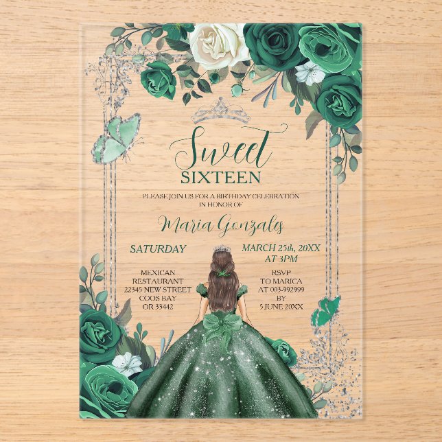 Invitations En Acrylique Sweet sixteen Emerald Green & Silver Anniversaire (Recto)