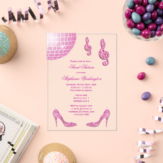 Invitations En Acrylique Talons étincelants et boule disco rose Sweet 16 (Insitu (Célébration))