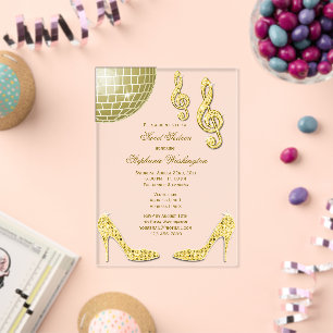 Invitations En Acrylique Talons étincelants et or Disco Ball Sweet 16