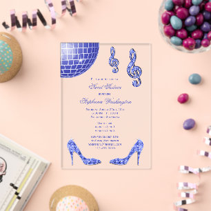 Invitations En Acrylique Talons scintillants et boule disco bleue Sweet 16
