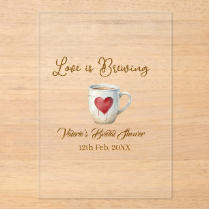 Invitations En Acrylique Tasse de café blanc Love is Brewing cœur mariage