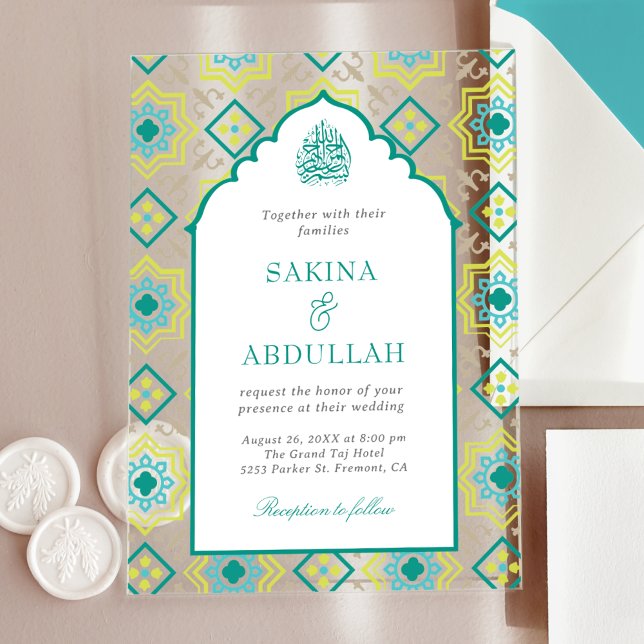 Invitations En Acrylique Teal Green Persian Mosaic Muslim Wedding (Créateur téléchargé)