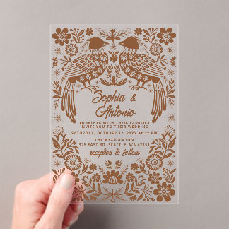 Invitations En Acrylique Terracotta Mexican Birds Otomi Floral Wedding