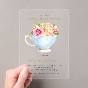 Invitations En Acrylique Thé dansant de retraite botanique à la tasse de th