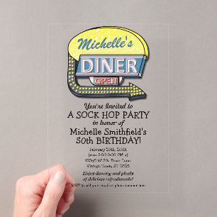 Invitations En Acrylique Thème de fête d'anniversaire Rétro 50's Sock Hop D