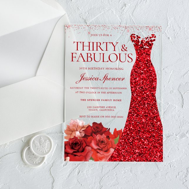 Invitations En Acrylique Thirty & Fabulous! Red Dress 30th Birthday Party (Créateur téléchargé)