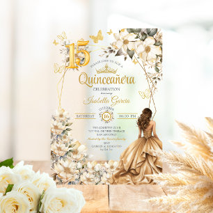 Invitations En Acrylique Tiara Doré Fleurs Beige Papillons Quinceañera