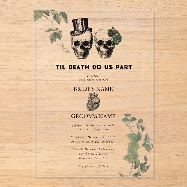 Invitations En Acrylique Til Death Coeur gothique Mariage des crânes florau (Recto)