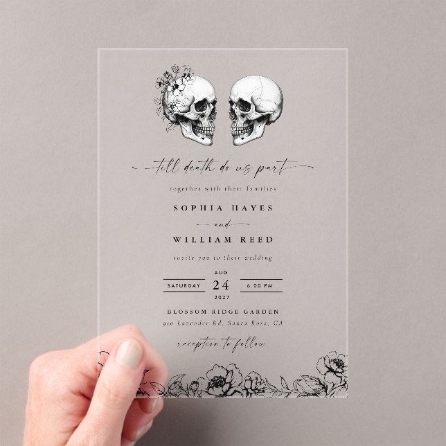 Invitations En Acrylique Til Death Gothique Crâne noir foncé Mariage floral (In situ (ordinateur de poche))