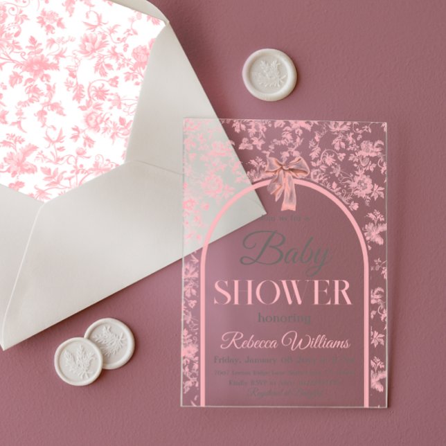 Invitations En Acrylique Toile de Jouy Baby shower de fille de garçon rose (Créateur téléchargé)