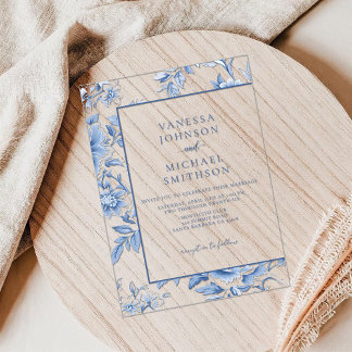 Invitations En Acrylique Toile de Jouy Bleu Blanc Floral