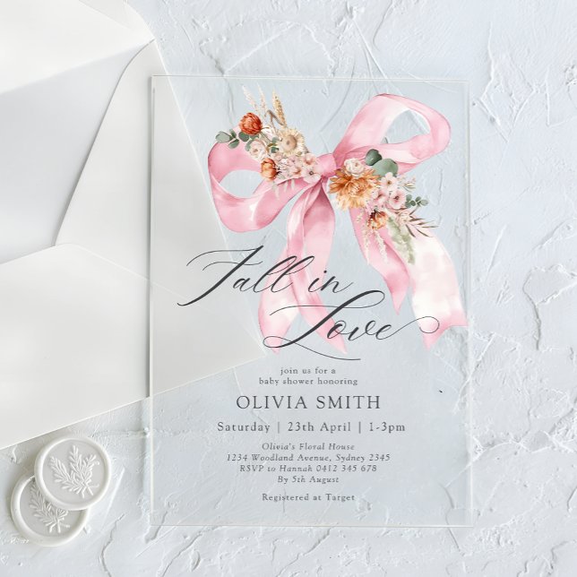 Invitations En Acrylique Tombez amoureux Baby Shower floral rose à ruban (Créateur téléchargé)
