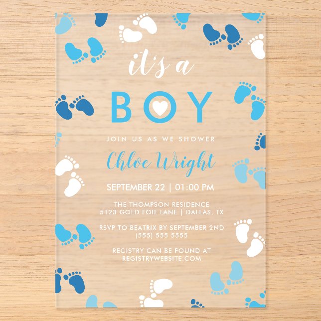 Invitations En Acrylique Tons de bleu C'est un bébé Empreintes (Recto)