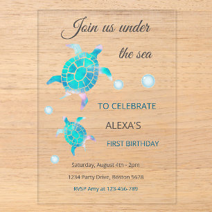 Invitations En Acrylique Tortue sous l'eau Aquarelle 1er Anniversaire