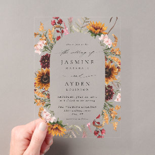 Invitations En Acrylique Tournesol et fleurs sauvages mariage floral
