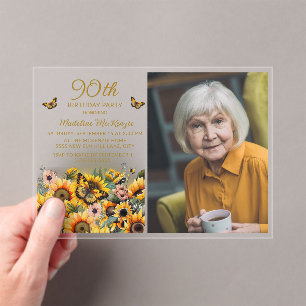 Invitations En Acrylique Tournesol Papillons 90e fête d'anniversaire Photo
