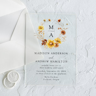 Invitations En Acrylique Tournesols rustiques et Mariage de monogramme Fleu