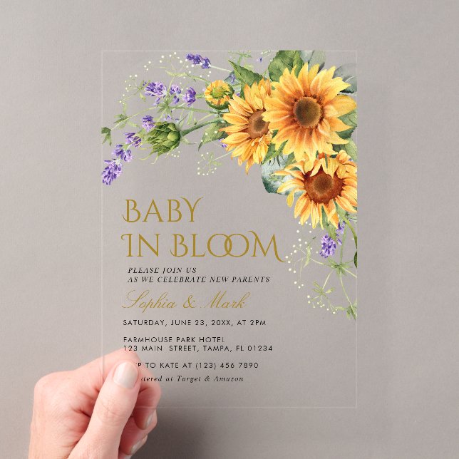Invitations En Acrylique Tournesols Rustiques & Lavande Bébé En Fleur (In situ (ordinateur de poche))