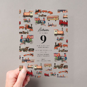 Invitations En Acrylique Train Jouet vintage Trains colorés Fête d'annivers